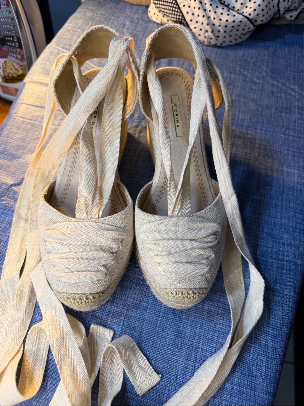 Women's Cream Espadrille Wedge Ankle-Tie Shoes